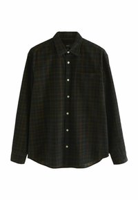 Czarna i zielona w kratkę flanelowa koszula, długie rękawy, w stylu zapinanym na guziki, jedna kieszeń na piersi, miękka tekstura, białe guziki, zaokrąglony dół.