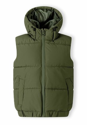 Green padded vest with a hood, featuring a front zipper and two side pockets. Soft texture with quilted pattern and elasticated hem.