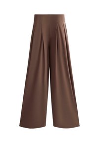 Pantalon marron taille haute à jambes larges avec plis sur le devant et tissu lisse et fluide, présenté sur fond blanc.