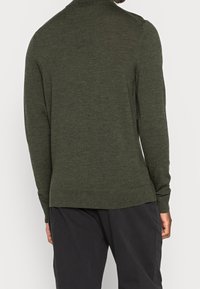 Uomo che indossa un maglione lavorato a maglia a maniche lunghe di un verde oliva scuro e pantaloni neri, visto di spalle su uno sfondo neutro.