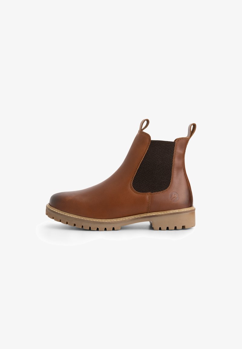 Bruine leren Chelsea-boot met trekbanden, zwarte elastische zijpanelen en duurzame lichtbruine rubberen zool, weergegeven in profiel.