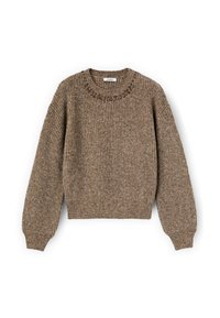 Maglione lavorato a maglia marrone con una finitura testurizzata, scollatura rotonda e un accento decorativo intorno al colletto. Presenta maniche lunghe, leggermente imbottite.