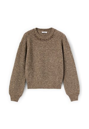 Maglione lavorato a maglia marrone con una finitura testurizzata, scollatura rotonda e un accento decorativo intorno al colletto. Presenta maniche lunghe, leggermente imbottite.