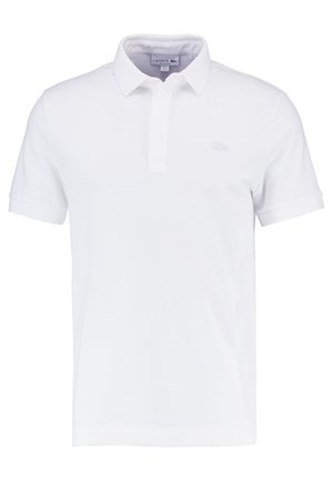 White short-sleeve polo shirt made of cotton, featuring a collar, a two-button placket, and a subtle logo embroidered on the chest.