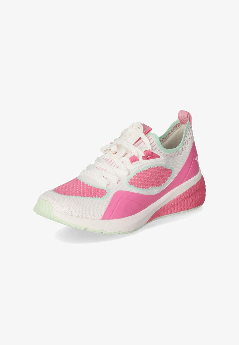 Sport shoes with white knit upper, pink accents, and mint green sole. Features textured panels and lace-up design for a secure fit.