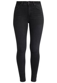 Jeans skinny neri in denim, con vita alta, cinque tasche e una texture liscia dal design classico.