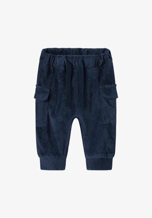 Navy corduroy broek met een elastische tailleband, een trekkoord, twee zijzakken en taps toelopende boorden bij de enkels. Gestructureerde stof.