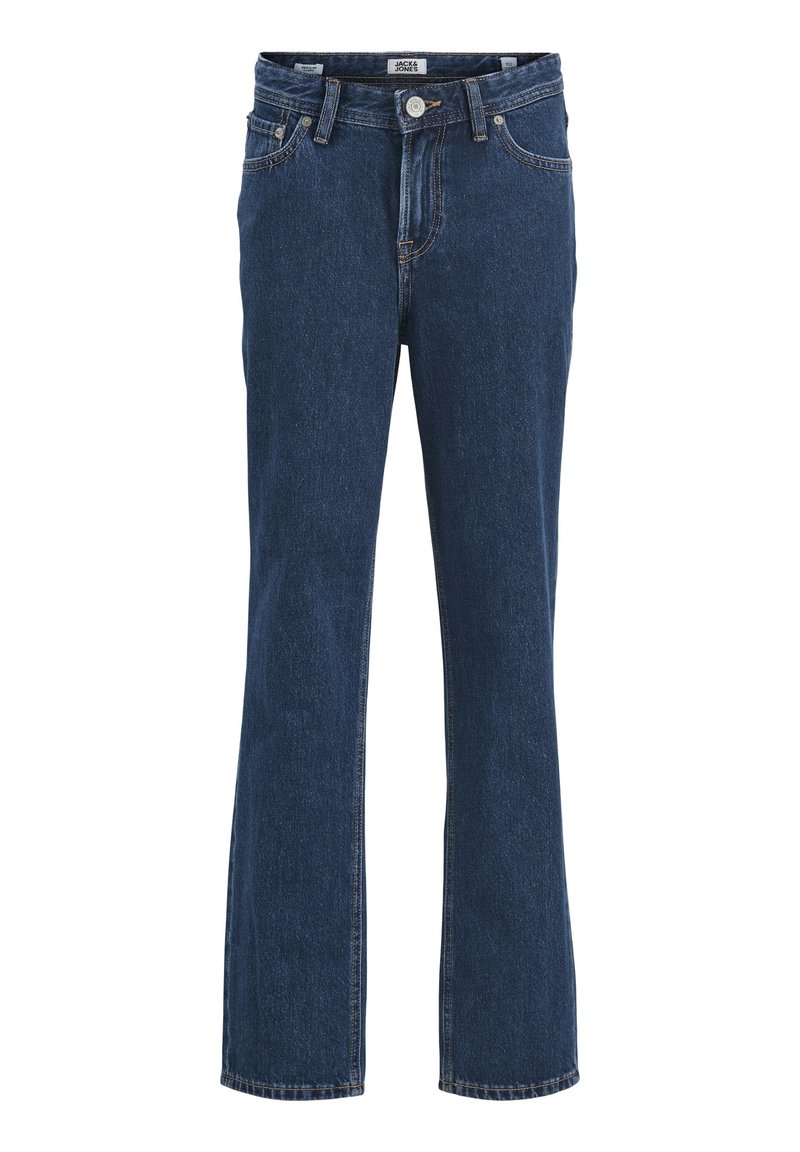 Jean en denim bleu foncé, coupe droite, avec un style classique à cinq poches, fermeture à bouton en laiton et couture jaune contrastante.