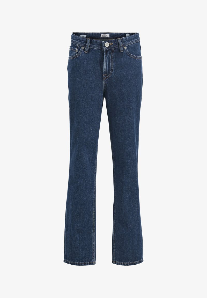 Jeans de denim em azul escuro, modelo de perna reta, com um estilo clássico de cinco bolsos, fecho de botão de latão e costura amarela em contraste.