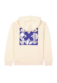 Felpa crema con una grafica viola di foglie stilizzate sulla schiena. Presenta un cappuccio con cordino e polsini e orlo a costine.