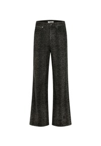 Jeans wide-leg en gris foncé avec un motif serpent, dotés d'une taille haute, de poches avant et d'une fermeture à boutons en métal.