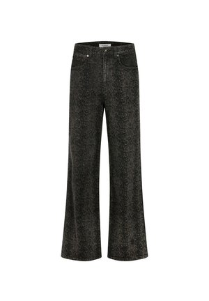 Jeans wide-leg en gris foncé avec un motif serpent, dotés d'une taille haute, de poches avant et d'une fermeture à boutons en métal.