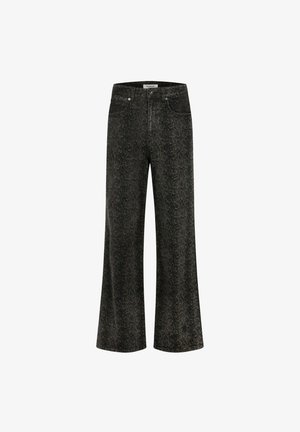 Jeans wide-leg en gris foncé avec un motif serpent, dotés d'une taille haute, de poches avant et d'une fermeture à boutons en métal.