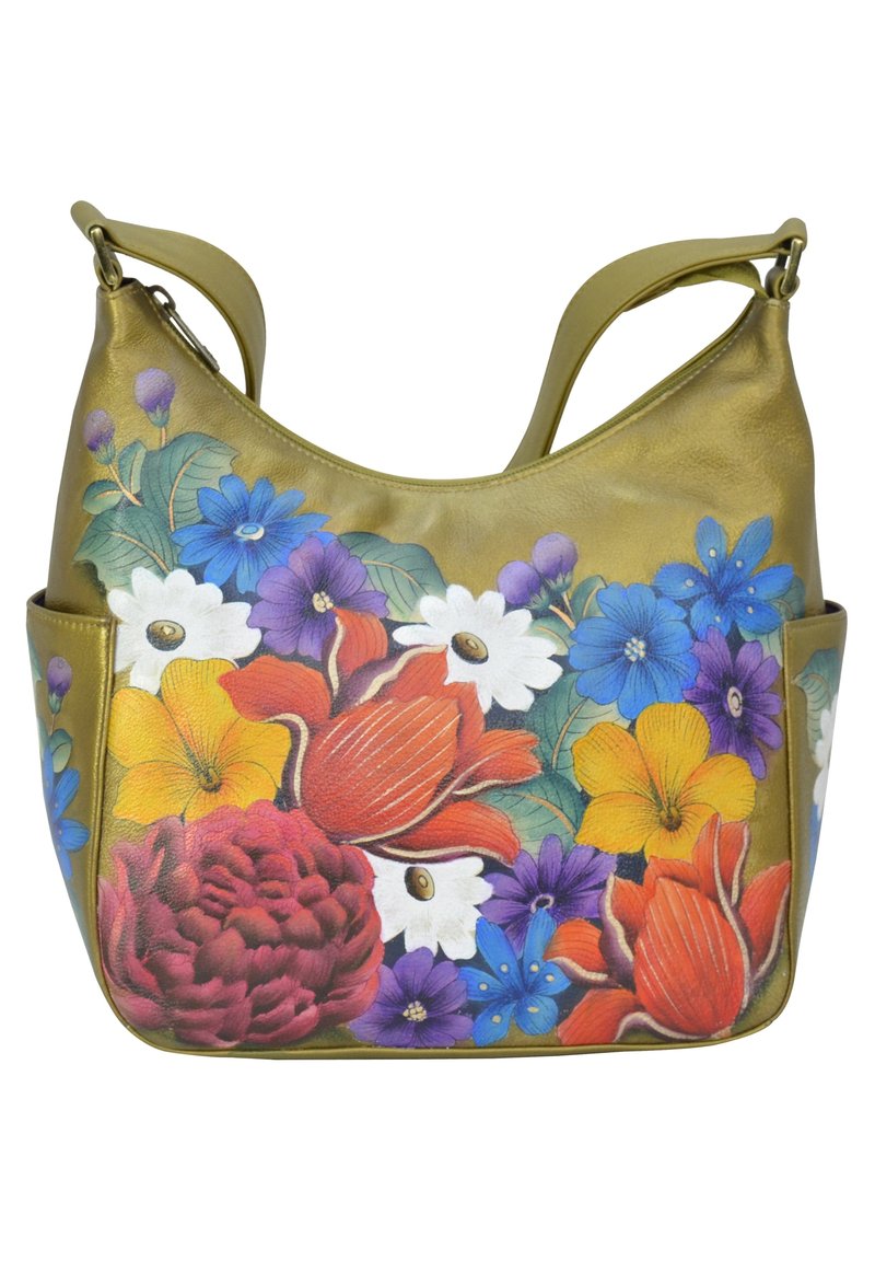 Groene leren schoudertas met een kleurrijk handgeschilderd ontwerp met bloemen, waaronder pioenen, tulpen, madeliefjes en viooltjes. Twee strap opties.