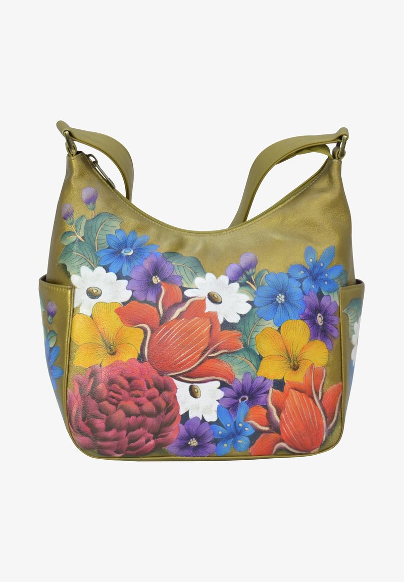 Groene leren schoudertas met een kleurrijk handgeschilderd ontwerp met bloemen, waaronder pioenen, tulpen, madeliefjes en viooltjes. Twee strap opties.