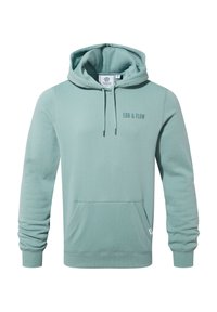 Mint green hoodie made of soft material. Features a front pocket, drawstring hood, and the text "EBB & FLOW" in a contrasting color.