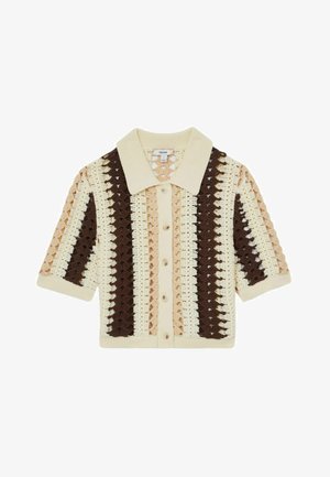 Szydełkowy kardigan z kołnierzykiem, krótkimi rękawami oraz paskowanym wzorem w odcieniach kremu, beżu i brązu, z zapięciem na guziki.