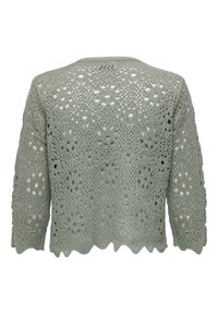 Pull en maille crochet gris clair avec motifs floraux, manches trois-quarts et ourlet festonné, vu de dos.