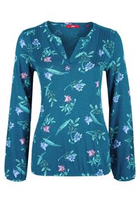 Turfärgad långärmad blus med V-ringning, blommönster i rosa och blått, samt smockade veck längs halsringningen. Mjuk, texturerad tyg.