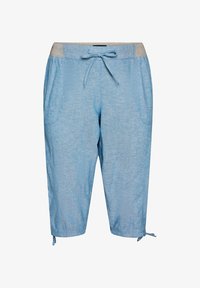 Pantalones cortos azul claro con cintura elástica gris, cordón delantero, bolsillos laterales y lazos ajustables en los puños.