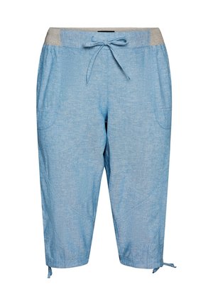 Světle modré zkrácené kalhoty s šedým elastickým pasem, stahovací šňůrkou vpředu, bočními kapsami a nastavitelnými stahovacími pásky na lemech nohavic.