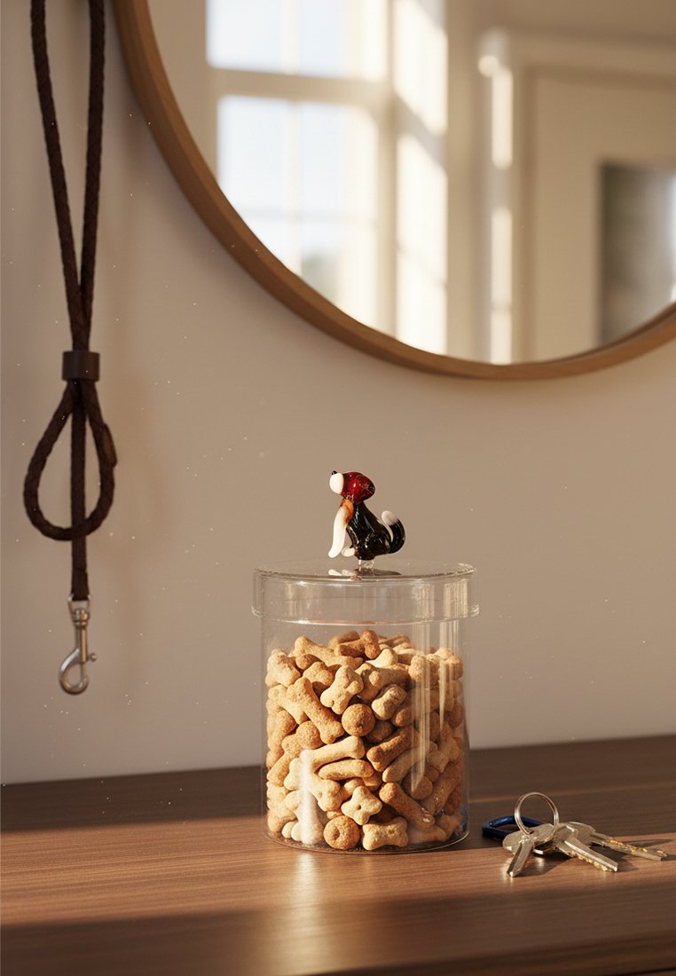 Przezroczysty słoik wypełniony przysmakami dla psa w kształcie kości, na którym stoi szklana figurka psa, obok wiszą smycze i klucze na drewnianym blacie przy okrągłym lustrze.