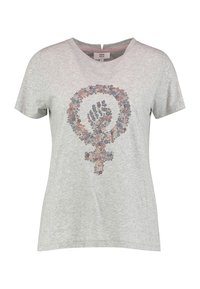 T-shirt in cotone grigio con simbolo femminista stampato a motivo floreale, maniche corte e vestibilità comoda. Il design include fiori di vari colori.