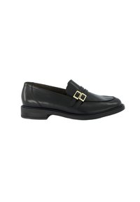 Zwarte leren loafers met een ronde neus, decoratieve dubbele gesps, een lage blokhak en een gladde textuur. Elegante vormgeving en gestructureerde vorm.