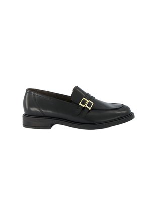 Mocassino in pelle nera con punta arrotondata, accenti decorativi a doppia fibbia, tacco basso a blocco e superficie liscia. Design elegante e forma strutturata.