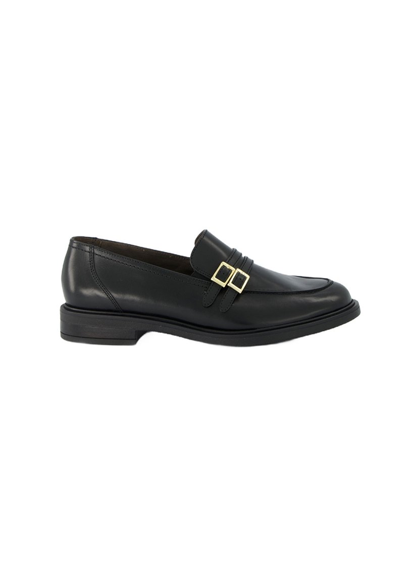 Zwarte leren loafers met een ronde neus, decoratieve dubbele gesps, een lage blokhak en een gladde textuur. Elegante vormgeving en gestructureerde vorm.