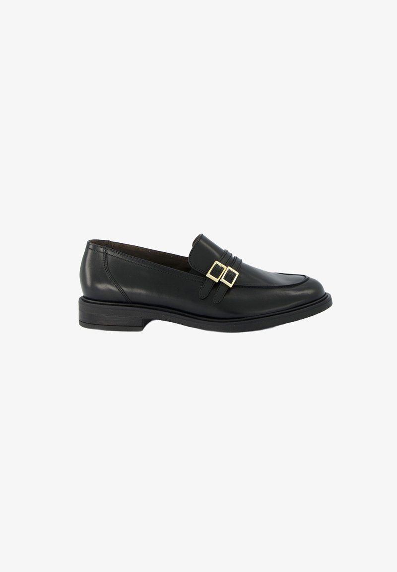 Zwarte leren loafers met een ronde neus, decoratieve dubbele gesps, een lage blokhak en een gladde textuur. Elegante vormgeving en gestructureerde vorm.
