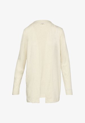 Helle beige Strickjacke aus weichem Stoff. Mit lockerem Schnitt, offenem Vorderteil und langen Ärmeln mit geradem Saum auf Taillenhöhe.