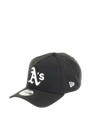 Schwarze Baseballkappe mit weiß gesticktem "A's"-Logo auf der Vorderseite und New Era-Logo an der Seite, strukturiert mit gebogenem Schirm.