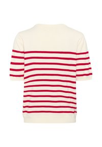 Top en tricot à manches courtes rayé en crème avec de larges rayures horizontales rouges. Encolure ronde et texture douce, avec une coupe décontractée et des fentes sur les côtés.