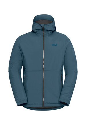 Blauwe geïsoleerde jas met een capuchon, voorkant met ritssluiting, elastische manchetten en twee zijzakken. Heeft een logo op de linkerborst.