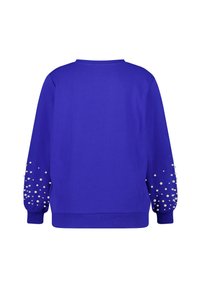 Blauwe sweatshirt met lange mouwen, voorzien van witte parelaccenten op de mouwen. Klassieke ronde halslijn en ribgebreide manchetten en onderrand.