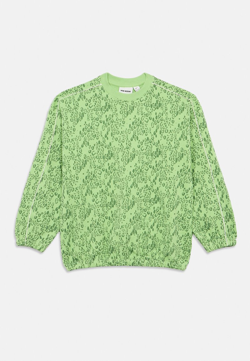 Groene sweatshirt met een luipaardprint, geribbelde manchetten en onderrand. Heeft een ronde halslijn en pofmouwen met zijdetails.