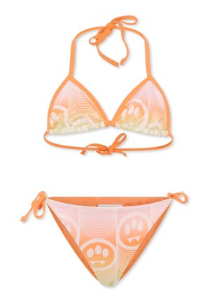 Set bikini a due pezzi con top triangolare dotato di spalline arancioni e parte inferiore a fantasia in tonalità pastello, caratterizzata da un design grafico giocoso.
