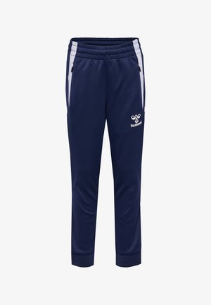 Marineblauwe sportbroeken met een tapers ontwerp, witte streepaccenten, elastische tailleband en logodetail aan de voorkant. Zachte, rekbare stof.