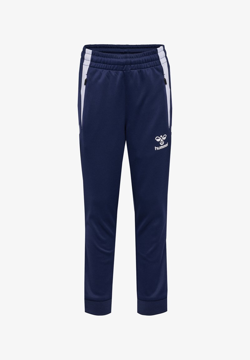 Pantalons de sport navy avec une coupe cintrée, accents de rayures blanches, taille élastique et détail de logo à l'avant. Tissu doux et extensible.
