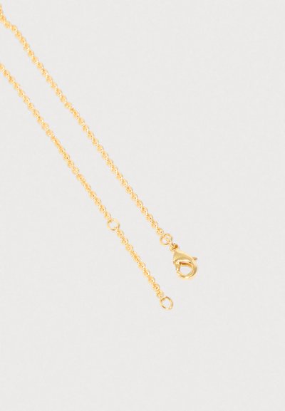 Λεπτό χρυσό κολιέ με μικρούς στρογγυλούς κρίκους και κούμπωμα με καβουράκι σε φωτεινό γκρι φόντο.