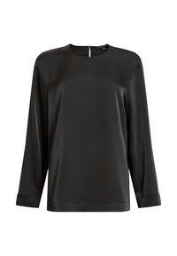 Svart långärmad topp i slät, glänsande tyg med rund halsringning och en subtil nyckelhålsdetalj bak. Enkel, rak passform.
