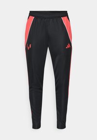 Black athletic pants with red side panels, elastic waistband, and white accent stripes. Features logo on left thigh. Made from smooth, lightweight material.