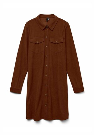 Robe chemise en velours côtelé marron dotée d'un devant à boutons, de deux poches poitrine, d'un col et de longues manches avec des poignets à boutons.