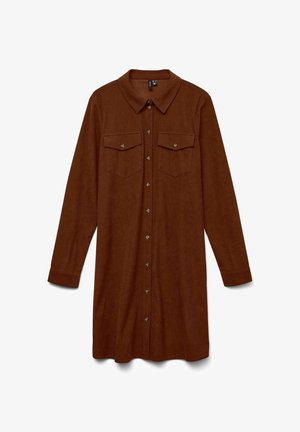 Robe chemise en velours côtelé marron dotée d'un devant à boutons, de deux poches poitrine, d'un col et de longues manches avec des poignets à boutons.