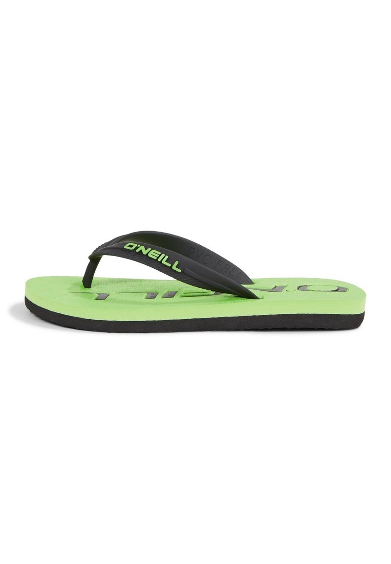 Grön flip-flop med en texturerad skum sula och en svart strap utan PVC. Har pr präglad logotyp och mönstrad fotbädd för bättre grepp.