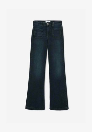 Dunkelblaue, ausgestellt geschnittene Jeans mit hoher Taille, ausgestattet mit zwei Fronttaschen und zwei Gesäßtaschen, ergänzt durch einen sichtbaren Knopf und Steppnähte.