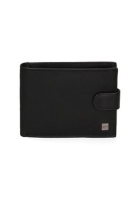 Portafoglio in pelle nera con texture liscia, forma rettangolare e chiusura con cinturino anteriore. Presenta un piccolo dettaglio del logo in argento.