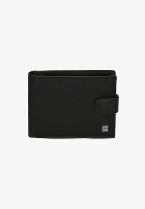 Zwarte leren portemonnee met een gladde textuur, rechthoekige vorm en een sluiting met een voorkantstrap. Bevat een klein zilveren logo-detail.