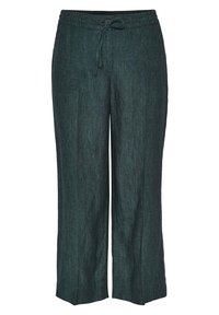 Lösa, mörkgröna linbyxor med elastisk midja, snörning för justering och raka ben. Strukturerad tygfinish.